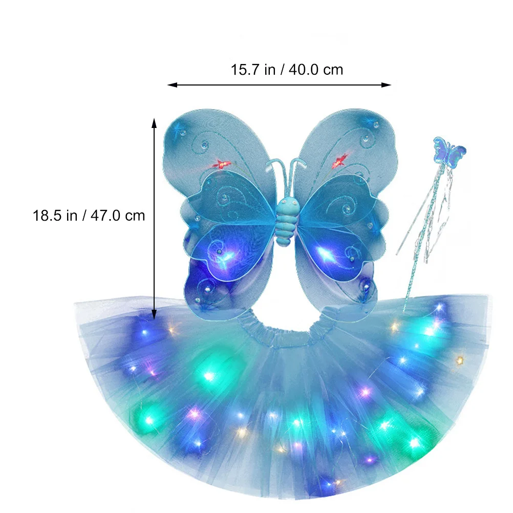 Zestaw: Świecące Skrzydła, Spódnica, Laska Wróżki, Sukienka z Siateczki - Kostium na Urodziny, Boże Narodzenie, Halloween, Imprezę, Występ Sceniczny