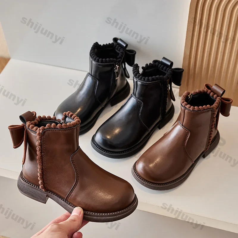 Girls Ankle Boots Autumn Winter New Fashion PU Leather Boots Princess Girls Anti Slip Shoes Kids Side Zipper Warmer Snow Botas