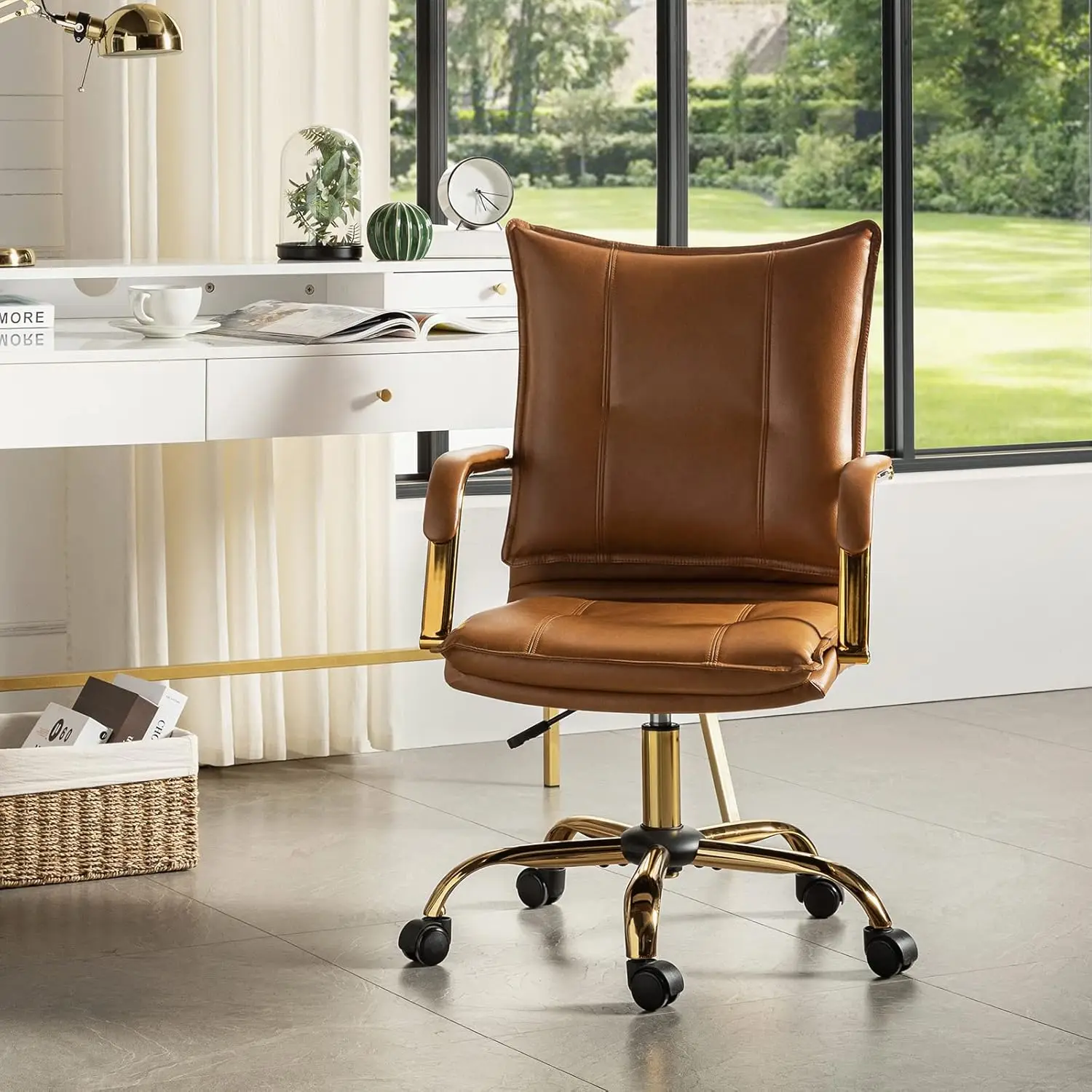 

Faux Leather Home Office Desk Chair, Adjustable Swivel Computer Chair With Golden Legs And Arms, Comfy Upholstered Task