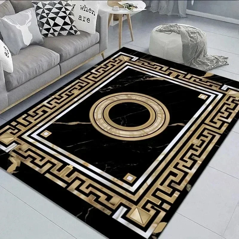 Elegant Black Gold Marble Rug Decorative Carpet for Living Room Large Area Floor Mat Non-slip Doormat for Hallway Bedroom