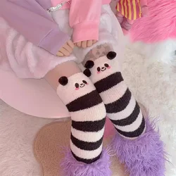 Thermal Coral Fleece Kawaii China Panda Knee Socks Winter Leg Warmers Women White Striped Stockings Long Plush Thigh High Socks