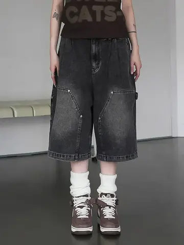 검정색 데님 반바지 데님 루즈핏 검정색 빈티지 스트리트 스타일 루즈핏 넉넉한 5부 반바지 데님 반바지