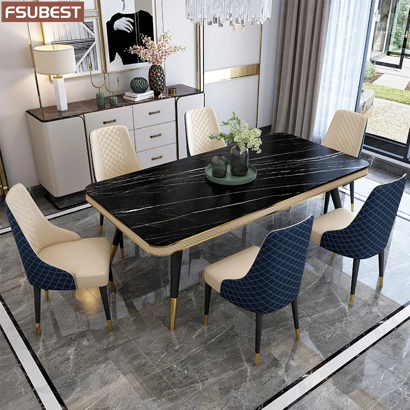 Designer Luxury Dinning Room Rock Slab Dining Table Set 6 Chairs Mesa De Jantar Comedor Posta Furniture Carbon Steel Base