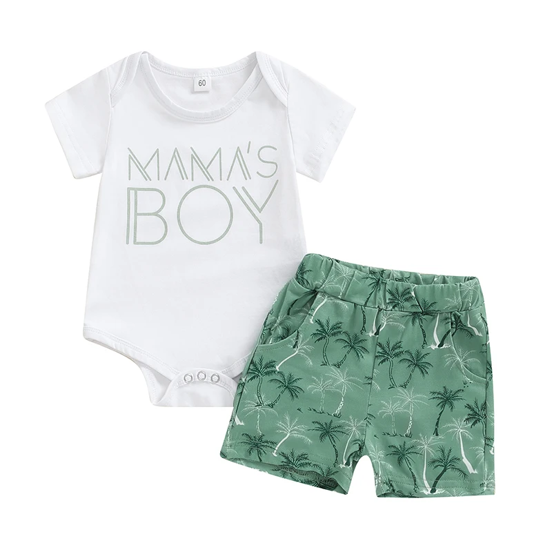 2-Piece Baby Boys Set Short Sleeve Round Neck Letter Print Romper Coconut Palm Print Shorts Outfits