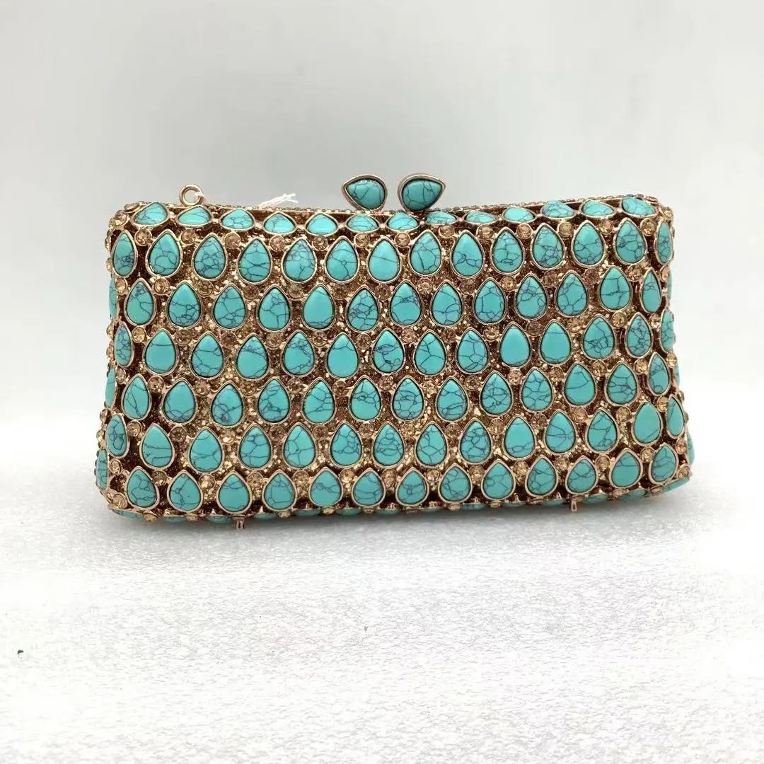 Lady Turquoise Evening Clutch Bags For Wedding Party Cocktail Long Chain Handbags Women Blue Green Crystals Clutch Purses