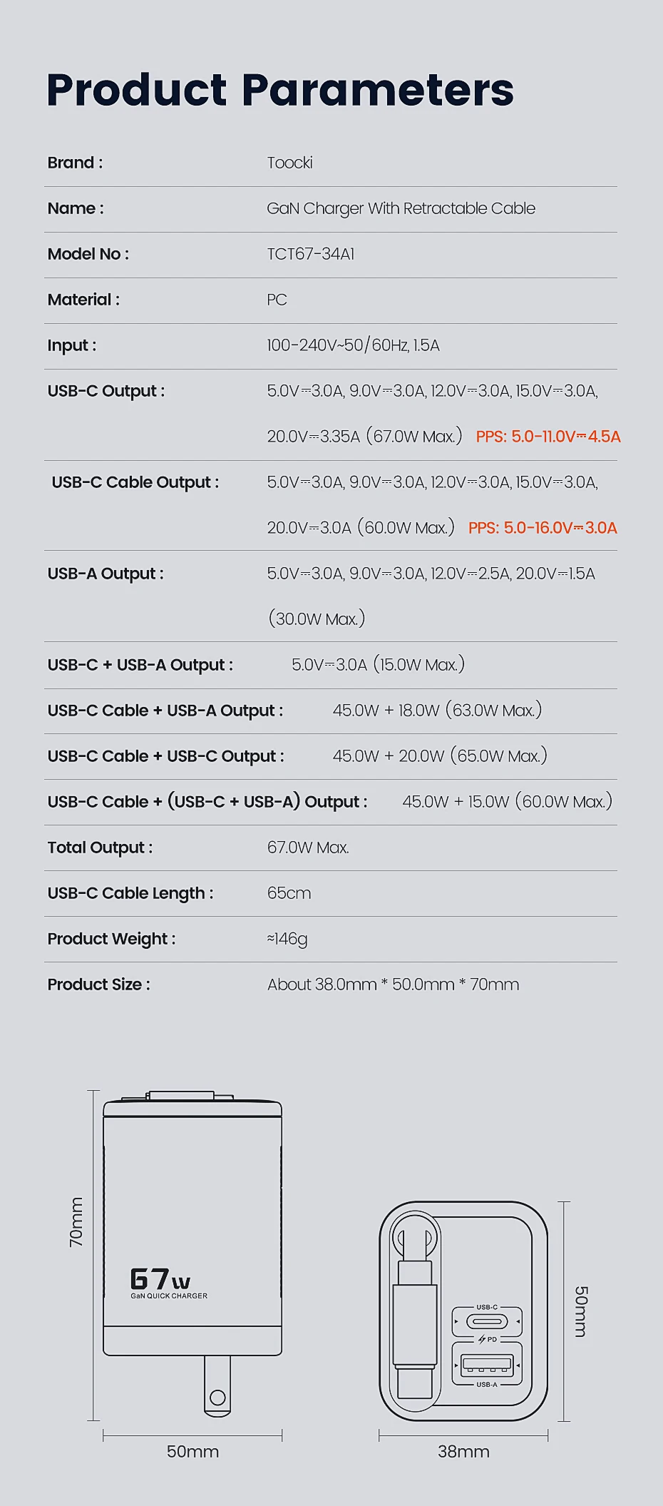 Toocki 67W GaN Ladegerät US-Stecker mit einziehbarem Typ-C-Kabel, Digitalanzeige, PPS PD3.0 Schnellladegerät für iPhone 17 16 Samsung S26 – Detail 16