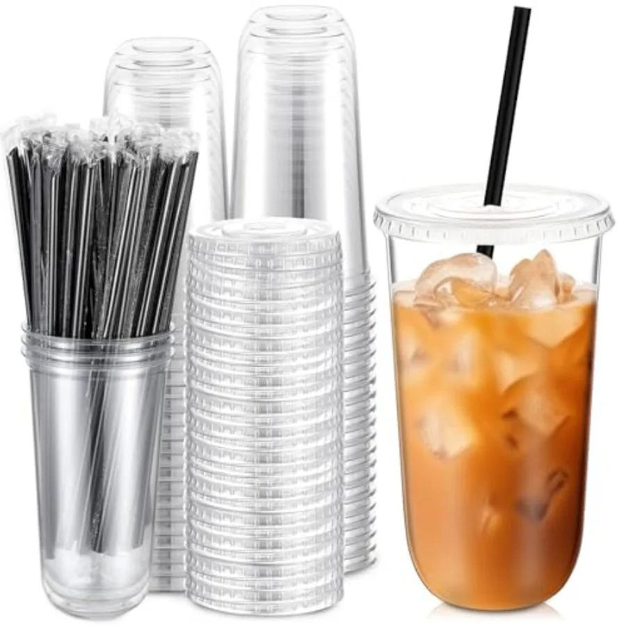 

Set Plastic Cups with Lids and Straws, Disposable Iced Coffee PET Cups for Drinking Cold Beverage Juice Parfait Smoothie Milksh