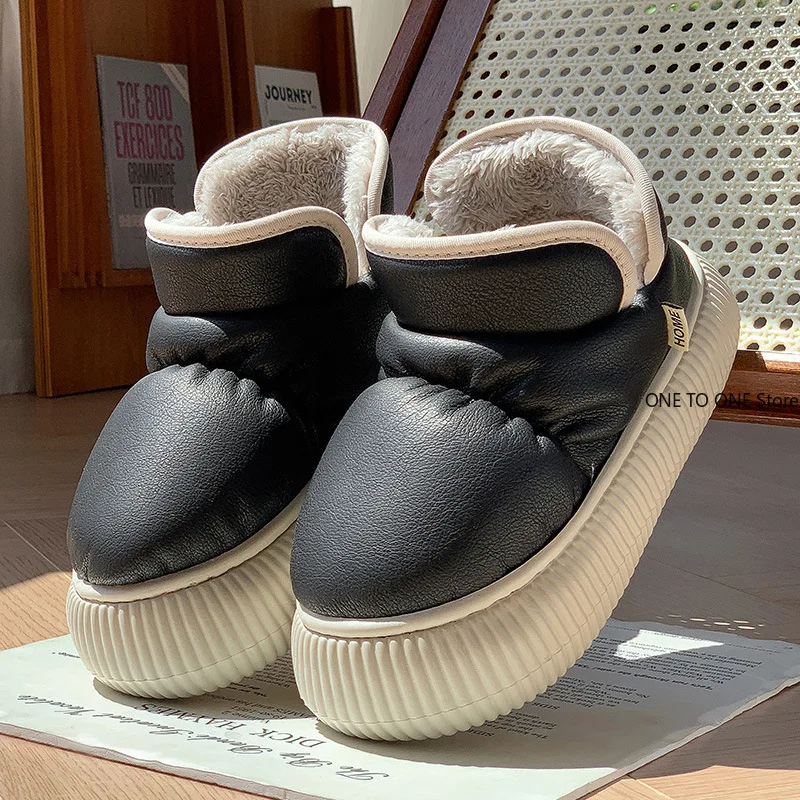 

New Waterproof PU Cotton Shoes Women's Winter Fleece Warm Thick Sole Increase Height Anti-slip Full Cover Heel Confinement Shoes