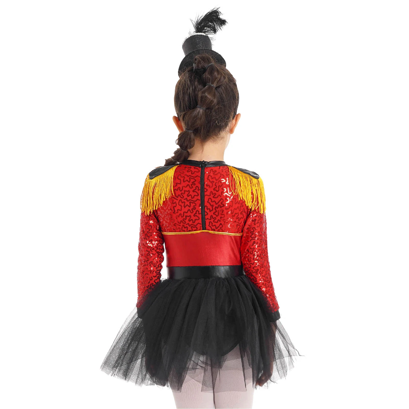 Kids Girls Sequins Circus Ringmaster Cosplay Costume Long Sleeve Fringed Shoulder Tulle Tutu Leotard Dress Magician Costume