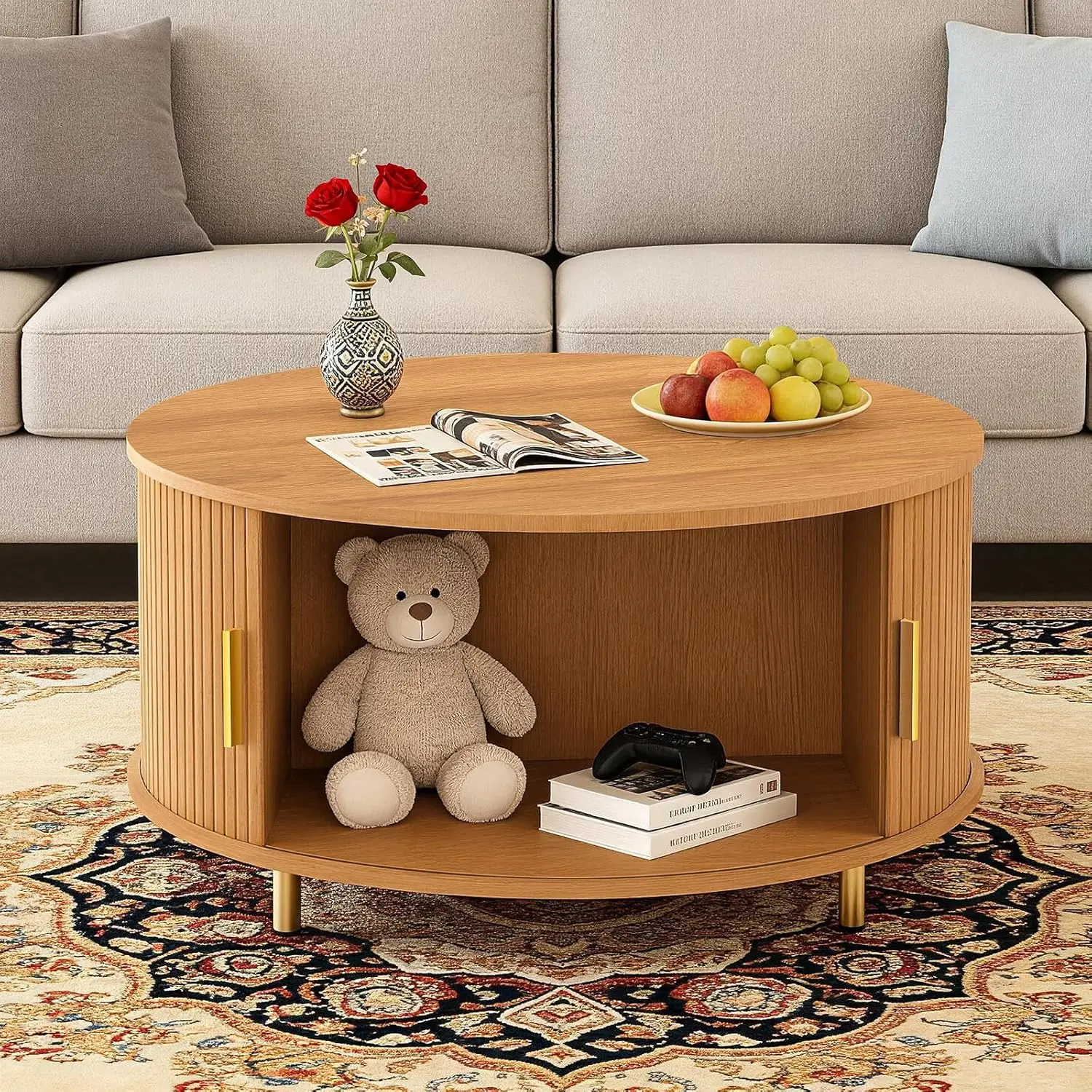 

Round Mid Century Coffee Table 31.5" 360° Sliding Tambour Door Storage Fluted Accent Living Room Yellow Walnut, Customized