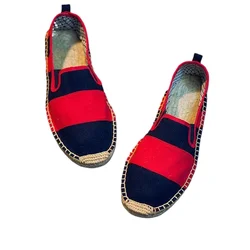 Spring Summer Shoes Men Flat Breathable Striped Hemp Canvas Shoes Men Casual Shoes Slip-on Lazy Shoes Red Black XZ19