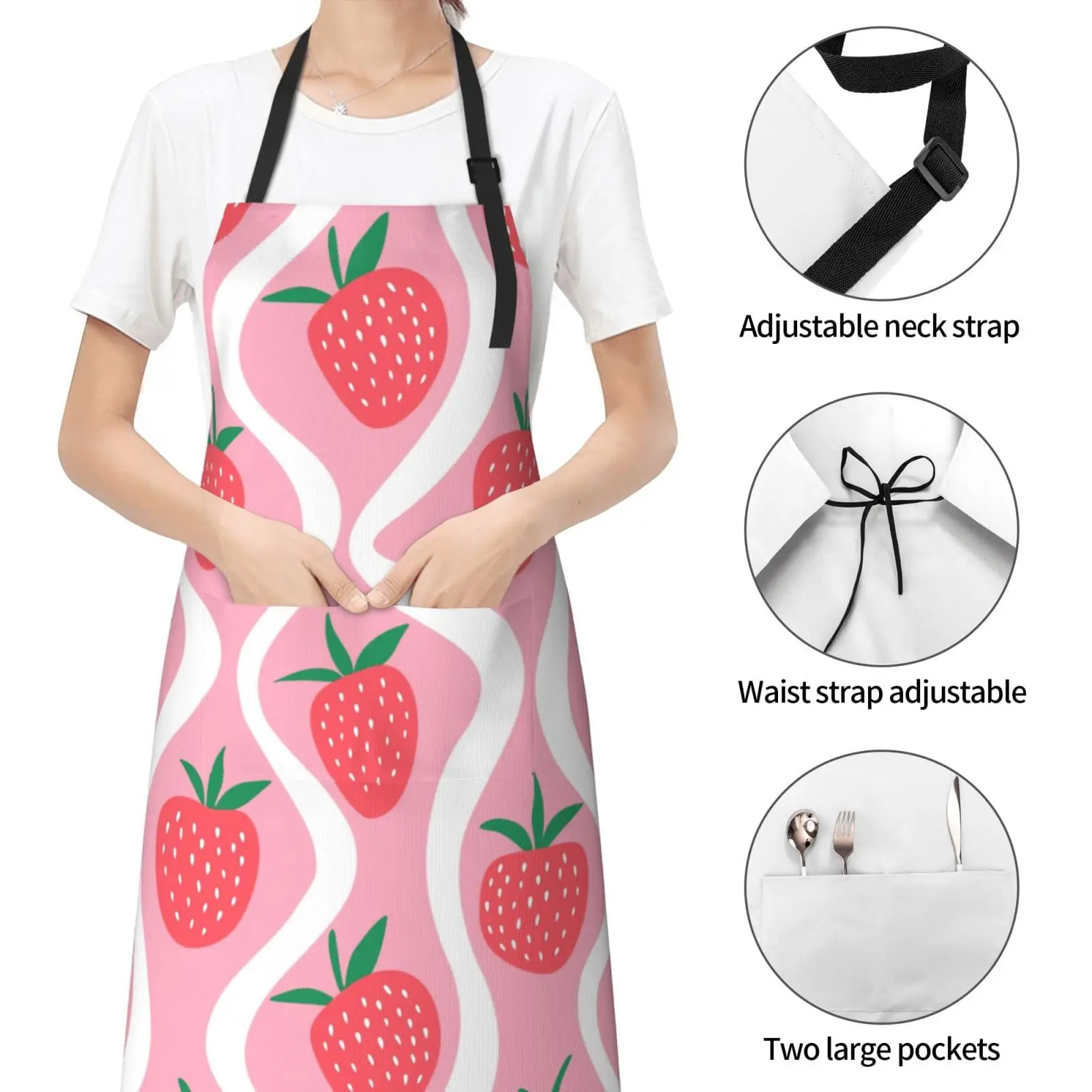 Strawberry Aprons for Women with Pockets Chef Apron Adjustable Neck Strap Kitchen Apron Waterproof Cooking Apron