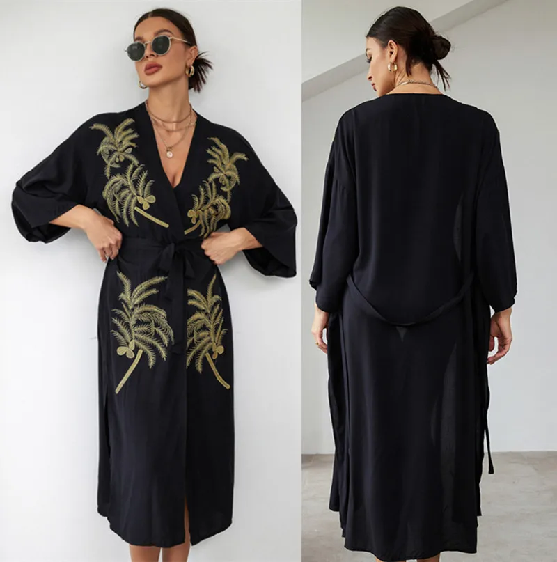 Kimono de playa de manga acampanada con palma de coco bordada dorada para mujer, cárdigan, vestidos sueltos, ropa de playa, cubierta de Bikini