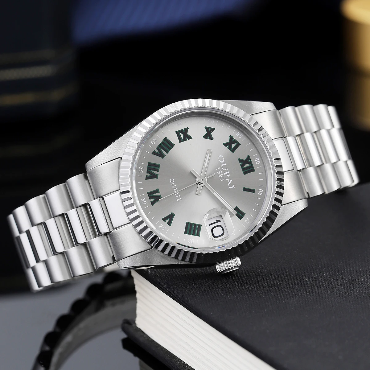 Мужские часы Oupai, круглый циферблат, ремешок из нержавеющей стали, кварцевые светящиеся наручные часы с календарем, водонепроницаемые