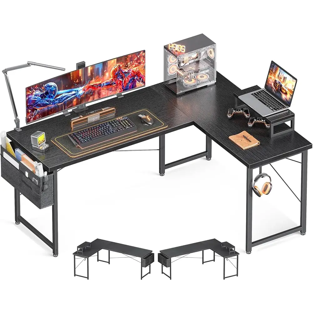 

L Shaped Computer Desk With Storage Bag, 57.5 H Reversible Gaming Table, Home Office Corner Desk With Monitor Shelf,