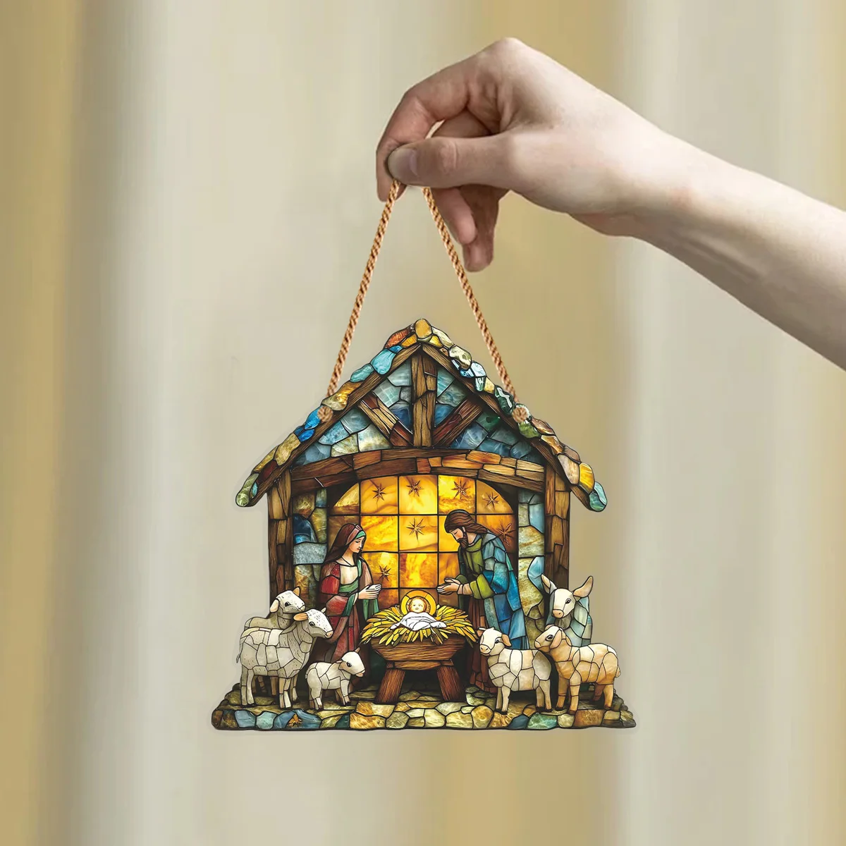 1 Stück 2D handgemachter Sonnenfänger gebeizt Acryl Krippe Sonnenfänger Fenster hängende Verzierung für Home Deco Christian für Familie