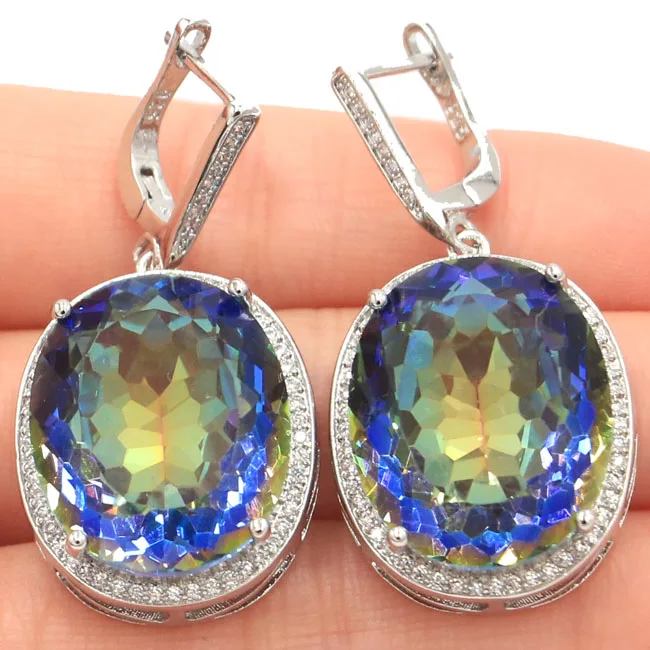 40x21mm Big 17.5g Gemstone Peridot Tourmaline Fire Rainbow Mystic Topaz Blue Topaz Silver Earrings