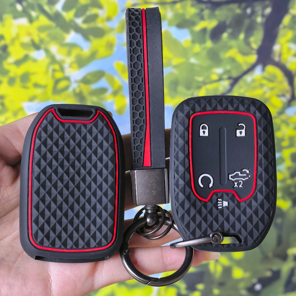 Sleek Red Accent Diamond Key Case With Keychain For GMC Terrain Yukon Acadia Canyon Chevy Suburban Tahoe Smart Key Sleeve