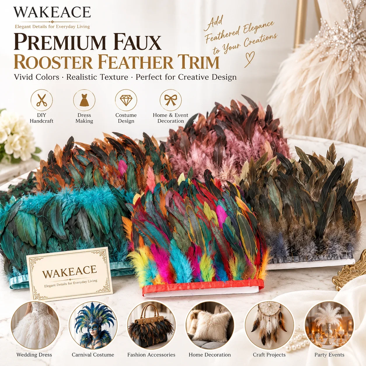 Premium LongFaux Rooster Feather Trim Colorful Feather Fringe Ribbon for Wedding Dress Sewing Costume DIY Craft Party Decoration 5