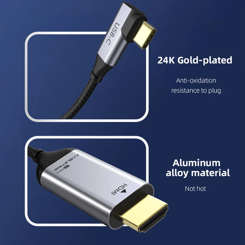 CABLETIME 4K USB C to HDMI Cable 90 Degrees Support 4K@60Hz Resolution Aluminum Shell for Laptop Monitor DELL view 3