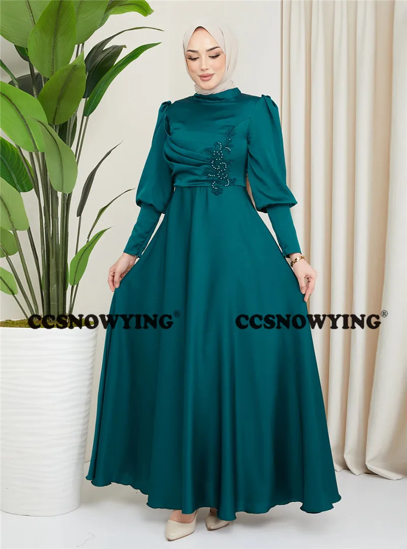 

Satin Appliques Long Sleeve Muslim Evening Gown Hijab Islamic Formal Party Dresses Women Arabic Kaftan Robe De Soiree