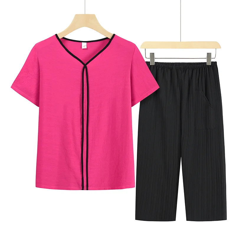 Middle Aged Mother Two-piece New Summer Pajamas Set Fake Cardigan Trousers Sets Pijamas Solid Colour Pyjama Pour Femme