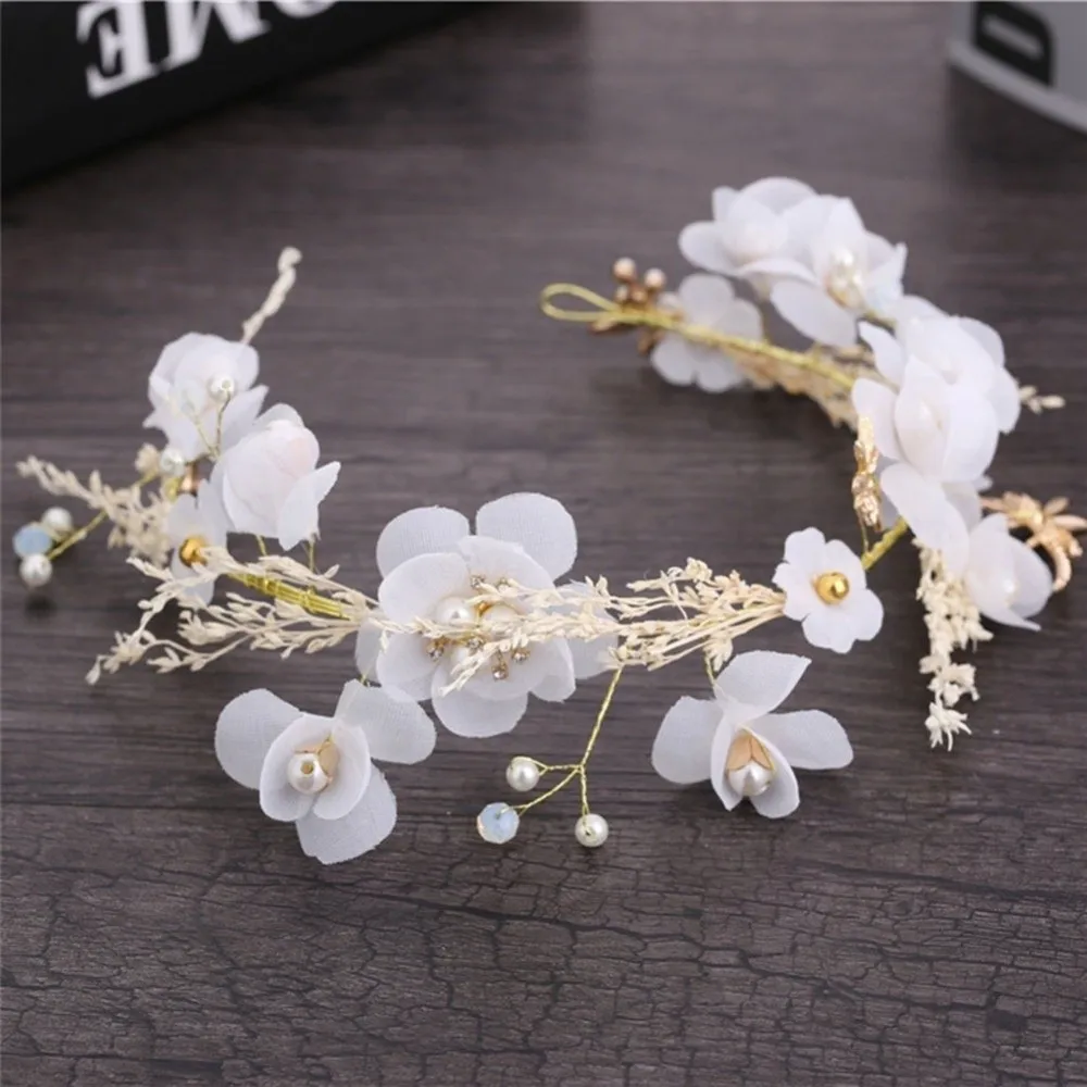 

Elegant White Bride Headdress Flower Pearl Photography Headband Branch Korean Style Wedding Hair Accessories Women