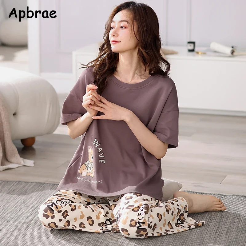 Summer Cartoon Women Cotton Pajamas for Women Short Sleeved Long Pants Nightwear Korean Fashion Bear Print Casual Homewear