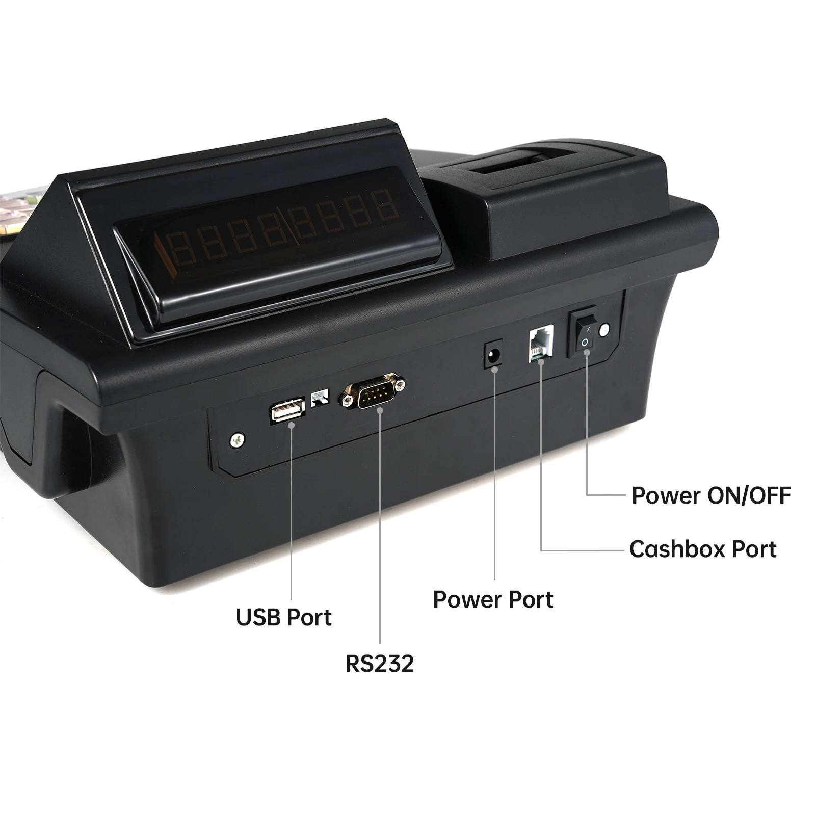 The electronic cash register features a 48-key RS232 USB port, a 2.8-inch display, and a 58mm thermal printer
