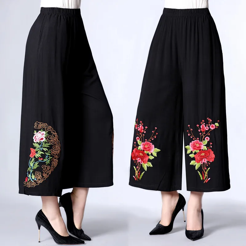 

Summer thin high waist pants pantalones de mujer middle-aged and elderly women pants cotton hemp Tang Dynasty wide leg pants