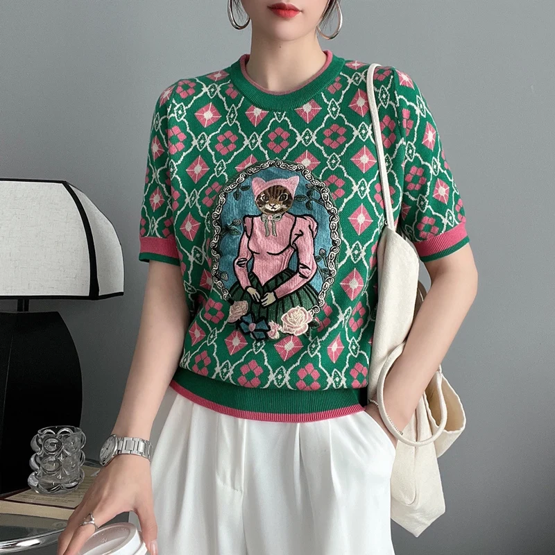 New Summer Women Knitted Sweater European Style Cartoon Pattern Fashion Jacquard Round Neck Short Sleeve Casual Jumpers Knitwear