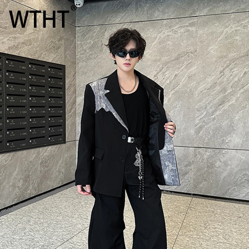 

WTHT Trendy Men's Heavy Industy Spliced Lace Blazer Coats Fashion Double Buckle Shoulder Pad Jackets Male 2025 Spring 2A2635