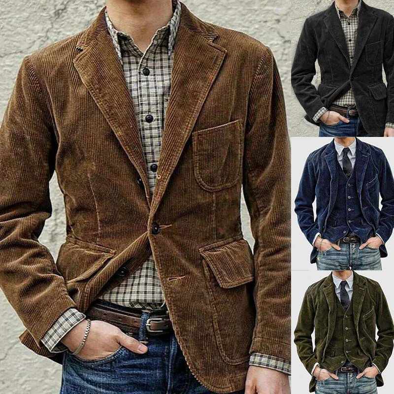 Vintage Pockets Corduroy Jackets Mens Streetwear Casual Turn-down Collar Button-up Corduroy Coats Men Autumn Vintage Suit Jacket