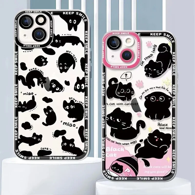 Kawaii Black Cat Soft Silicone Case For Samsung Galaxy S24 S23 S22 Ultra S21 S20 FE Note 20 10 Plus A15 A25 A35 A55 Clear Cover