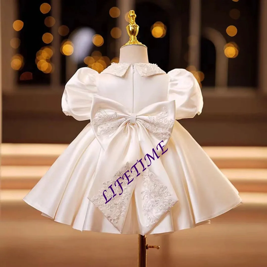 فستان أنيق لفتاة الزهور من الساتان المطرز برقبة دائرية مع فيونكة وأكمام قصيرة لحفلات الزفاف وحفلات التواصل الأول