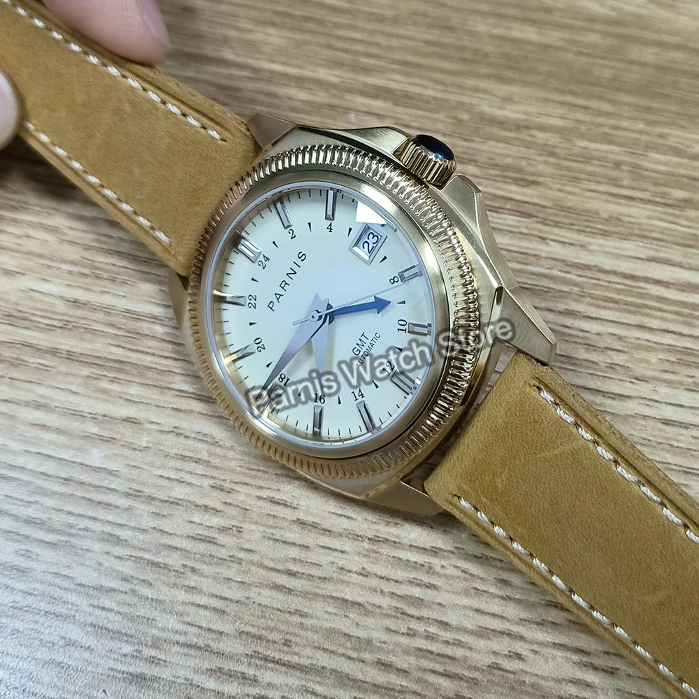 Parnis 41mm cristal de zafiro esfera Beige caja dorada NH35 NH34 reloj mecánico automático para hombres reloj de pulsera resistente al agua