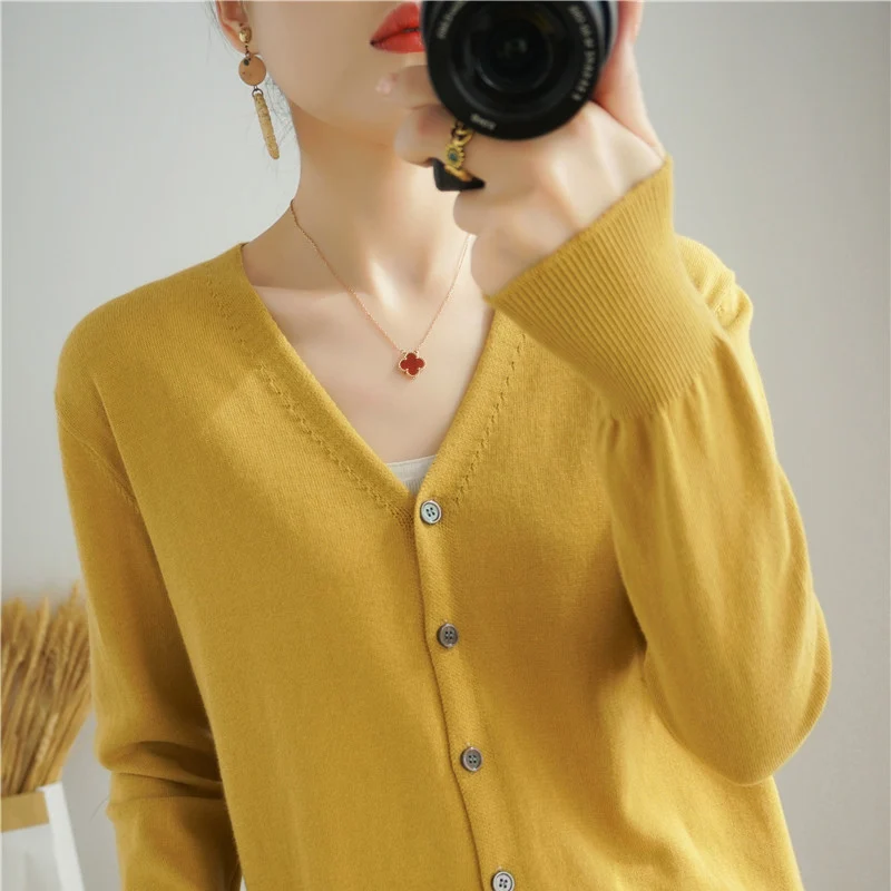 2025 Autumn/Winter Women\'s V-neck Knitted Sweater 100% Long Staple Cotton Cardigan Basic Classic Comfortable Soft Versatile Top