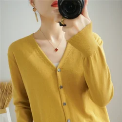 2025 Autumn/Winter Women's V-neck Knitted Sweater 100% Long Staple Cotton Cardigan Basic Classic Comfortable Soft Versatile Top