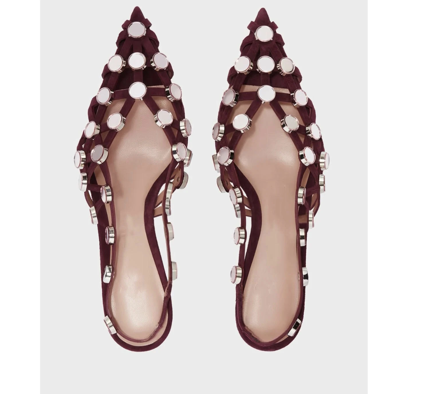 Summer Women Burgundy Suede Cutout Kitten Heel Slingback Sandals Metal Disc Decoration Pointed Toe Elegant Evening Party Pumps