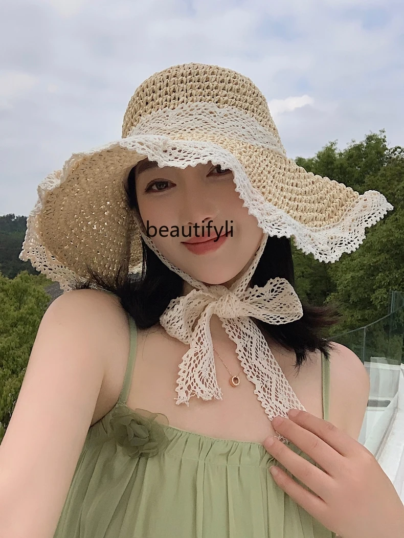 Lace Edge Hollow Straw Seaside Beach Sun Protection Sun Hat Strap Sun Hat with Wide Brim