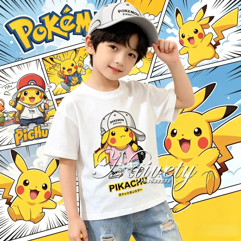 2026 Sommer Heißer Verkauf Pokémon Pikachu Street-Style Print T-Shirt, 100% Baumwolle Lässiges Lockeres Sport-T-Shirt für Erwachsene, Kinder und Familie