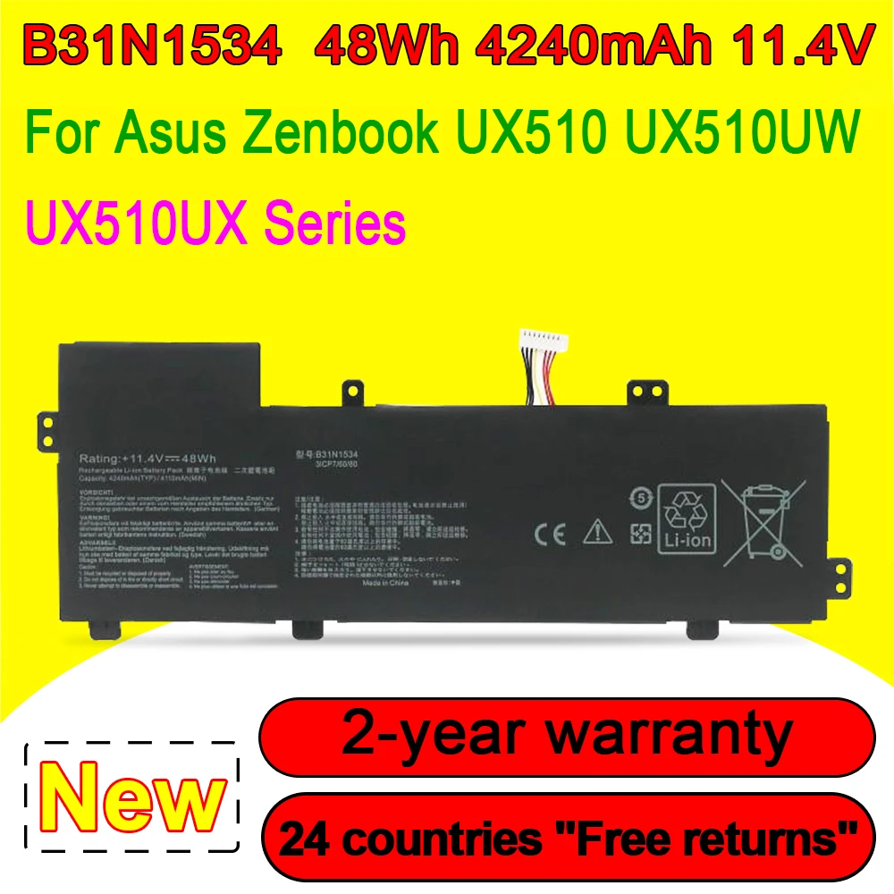 

New B31N1534 Laptop Battery For Asus Zenbook UX510 UX510UW-1A/RB71/CN044T UX510UX-CN020T-BE/CN044T/1A Series 48Wh 4240mAh 11.4V