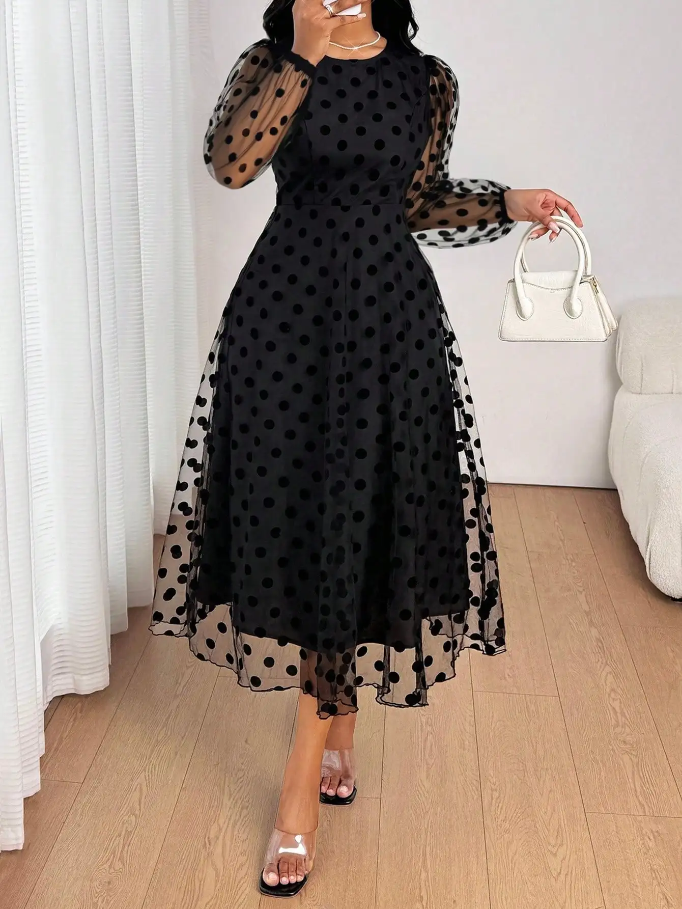 

Elegant Black Polka Dot Mesh Lantern Sleeve Midi Dress For Women Party Evening