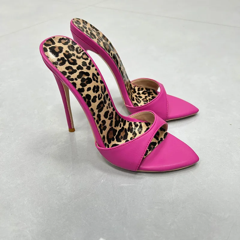 Tikicup NEW Hot Pink Leopard Print Mules Pointed Toe Stiletto Heels Open Back Slip-on Pumps for Women Party and Nightclub Wear