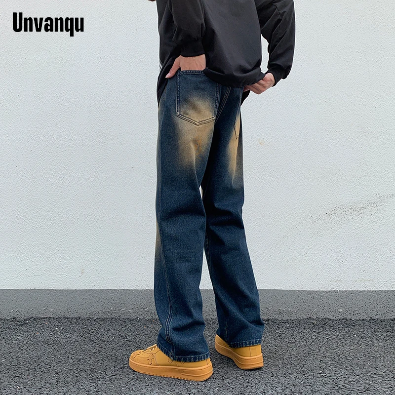 Unvanqu American Retro High Street Fashion Men's Jeans Autumn New Simple Nostalgic Loose Straight Retro Washed Wide Leg Trousers