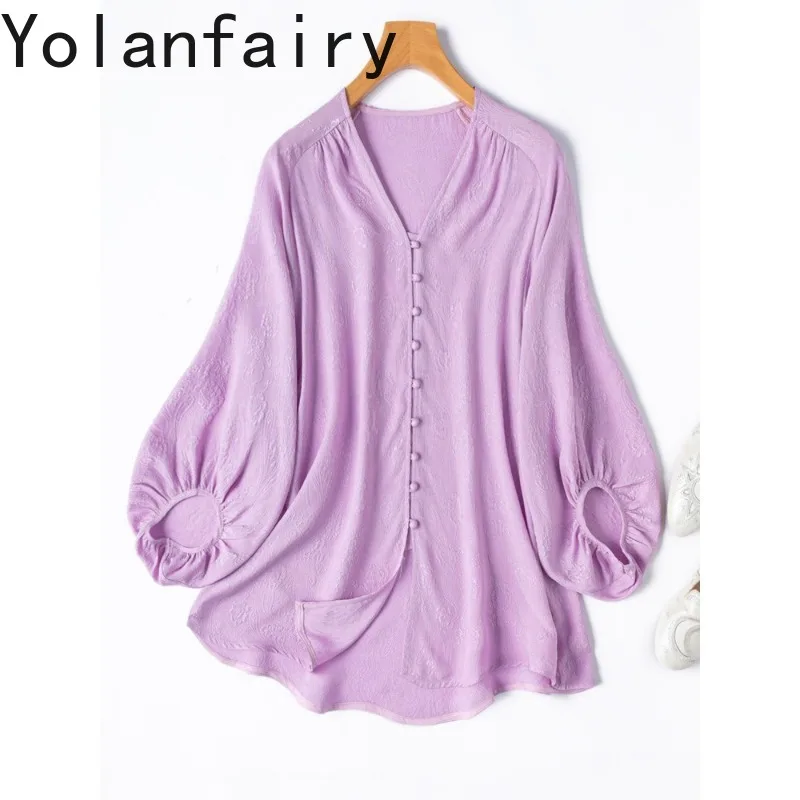 

YOLANFAIRY 20мм 100% натуральные шелковые рубашки из тутового шелкопряда для женщин, весна-лето 2026, модные женские топы с V-образным вырезом, свободные элегантные блузки