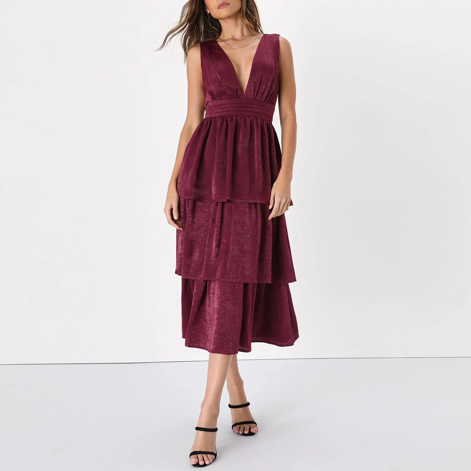 Elegante Vestido Midi Cetim Feminino, Monocromático, Sem Mangas, Decote V, Ruffle em Camadas, Festa Noturna, Coquetel Clube