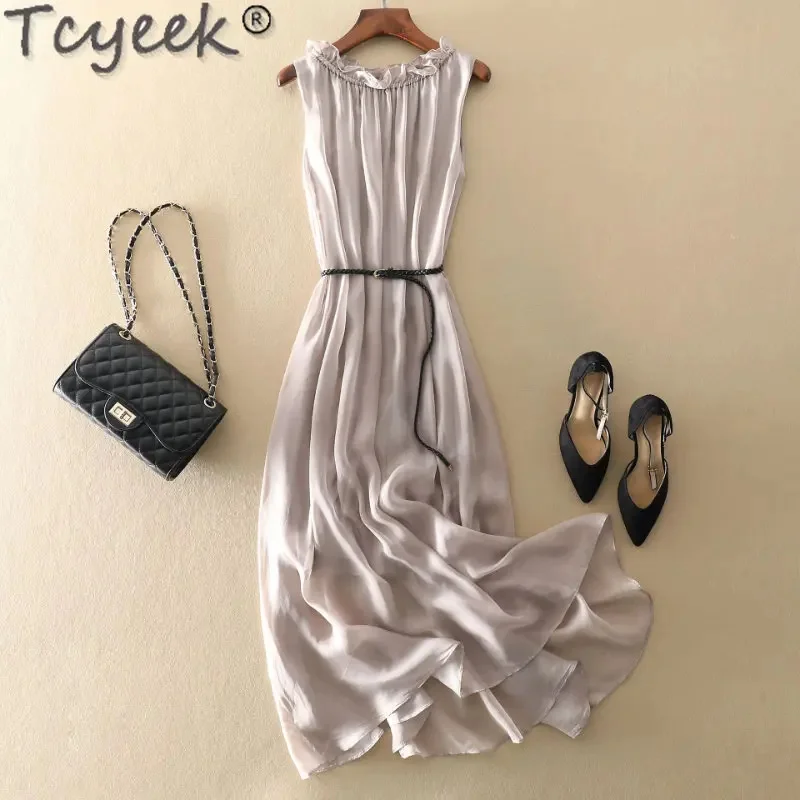 

Silk Tcyeek100%mulberry Dress Women Korean Summer es Sleeveless Beach Womans Clothing Ladies es Vestido Feminino