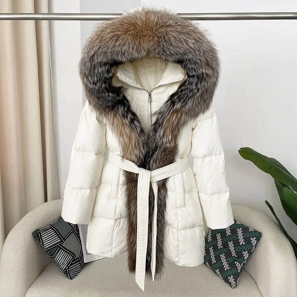 Thick Warm Streetwear Casual White Duck Down Coat Winter Jacket Women Hooded Natural Real Fox Fur Outerwear Puffer Jacker