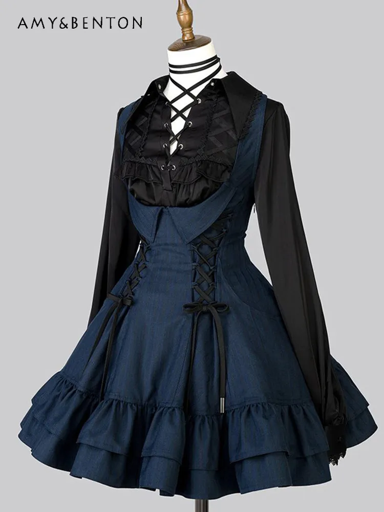 

Spring Summer Dark Gothic Women Black Long Sleeve Shirt + Bandage Lace Up Waist Suspender Dress Fashion Two Piece Set